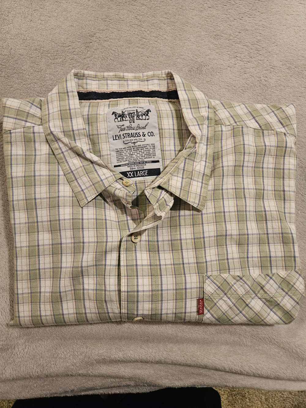 Classic Levis Two Horse Brand Green Plaid Short Sleeve Shirt Mens XXL